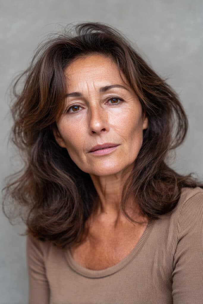 A graceful older woman over 50 with fine ash-brown hair styled in a shag with curtain fringe, wearing a full-sleeve cotton top, posing in natural light with a soft gray textile background.