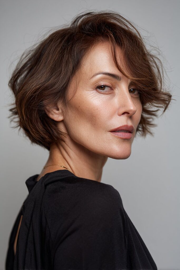 A close-up photo of an elegant American woman over 40 with an asymmetric bob in espresso hairstyle, featuring realistic hair texture under soft natural lighting, subtle makeup, warm skin tone, confident expression, fully clothed in a chic outfit, in an Instagram-style beauty shot.