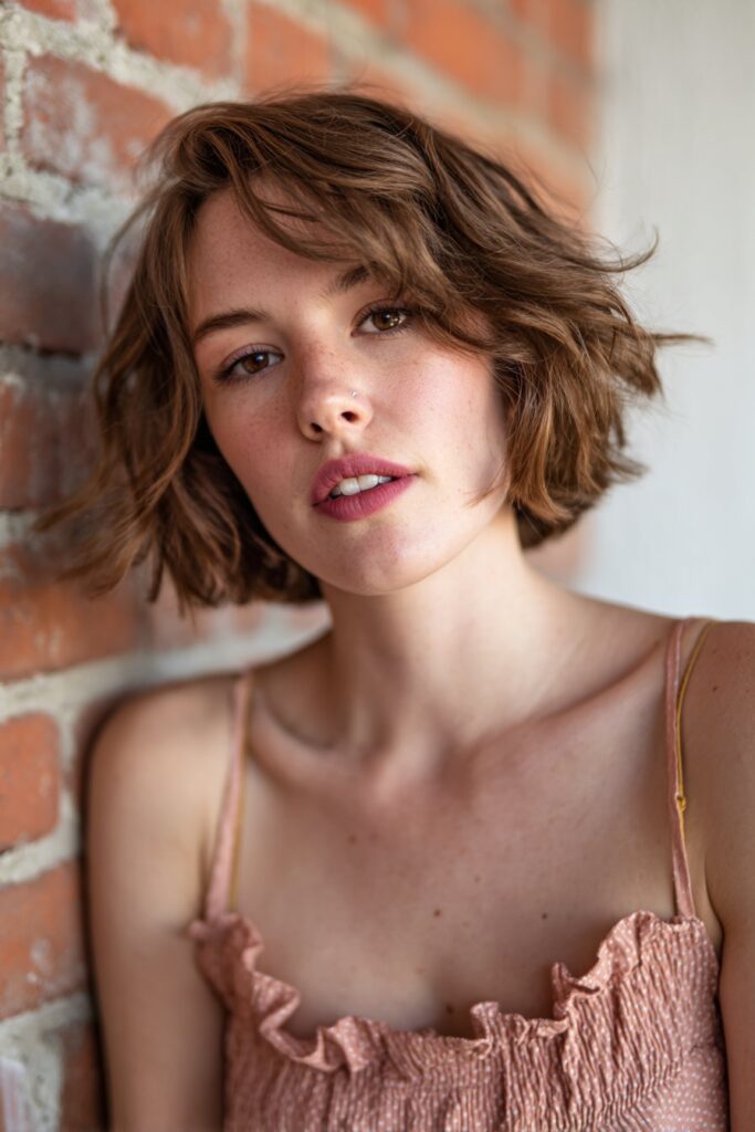 A short asymmetrical bob choppy haircut featuring one side longer than the other. The uneven choppy layers highlight the asymmetry, creating a bold, fashion-forward, and expressive hairstyle.