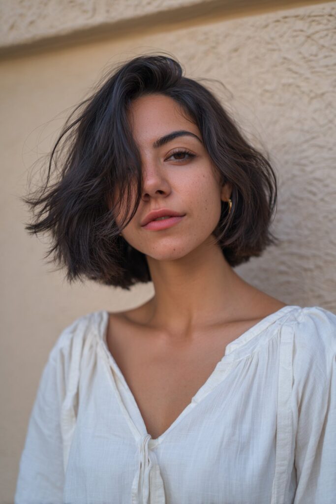 Close-up of a young woman with an asymmetrical choppy bob, one side longer, textured ends, subtle makeup, warm tones, textured plaster background.