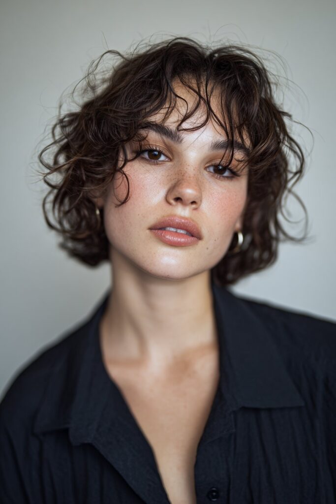 A close-up photo of a young elegant American woman with an asymmetrical lob hairstyle, featuring realistic hair texture under soft natural lighting, subtle makeup, warm skin tone, confident expression, fully clothed in a chic outfit, in an Instagram-style beauty shot.