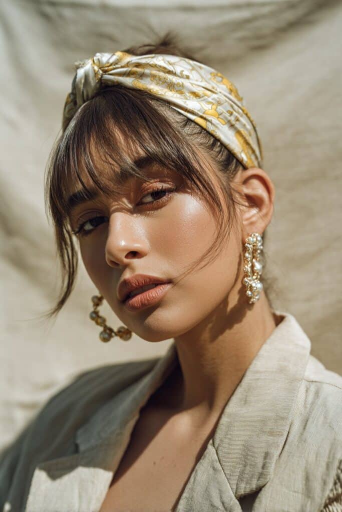 Young elegant woman with curtain bangs swept back using a delicate headband, paired with oversized statement earrings – Headband Hairstyles series.