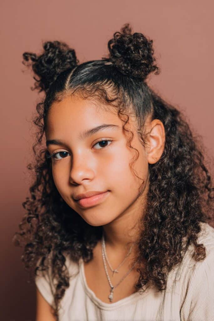 Stylish American woman with 4C curly hair arranged in multiple bantu knots, wearing a patterned blouse, photographed in an art classroom setting.