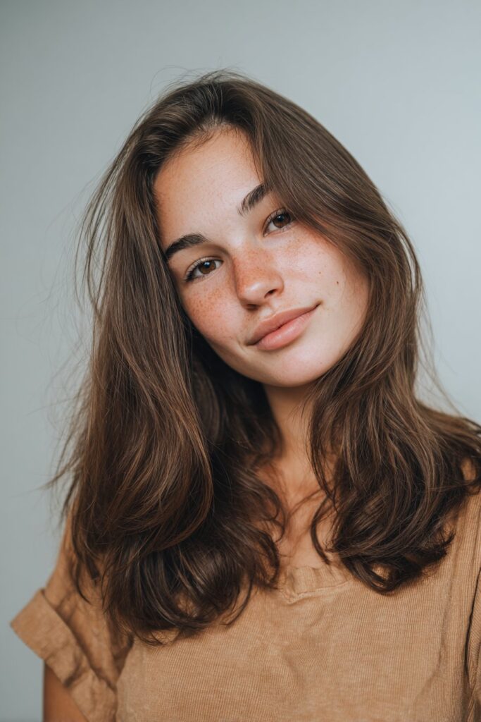 A stunning young woman in her 20s with natural skin tone, showcasing an Everyday Hairstyle For Medium Length Hair with a barely there wave, featuring medium-length hair with subtle natural waves, captured in a close-up shot focusing on the hair, photographed against a seamless light gray backdrop with a smooth texture. She has subtle makeup, a trendy outfit, realistic hair texture, warm skin tone, and a friendly expression, captured with soft natural lighting and an Instagram-style beauty vibe.
