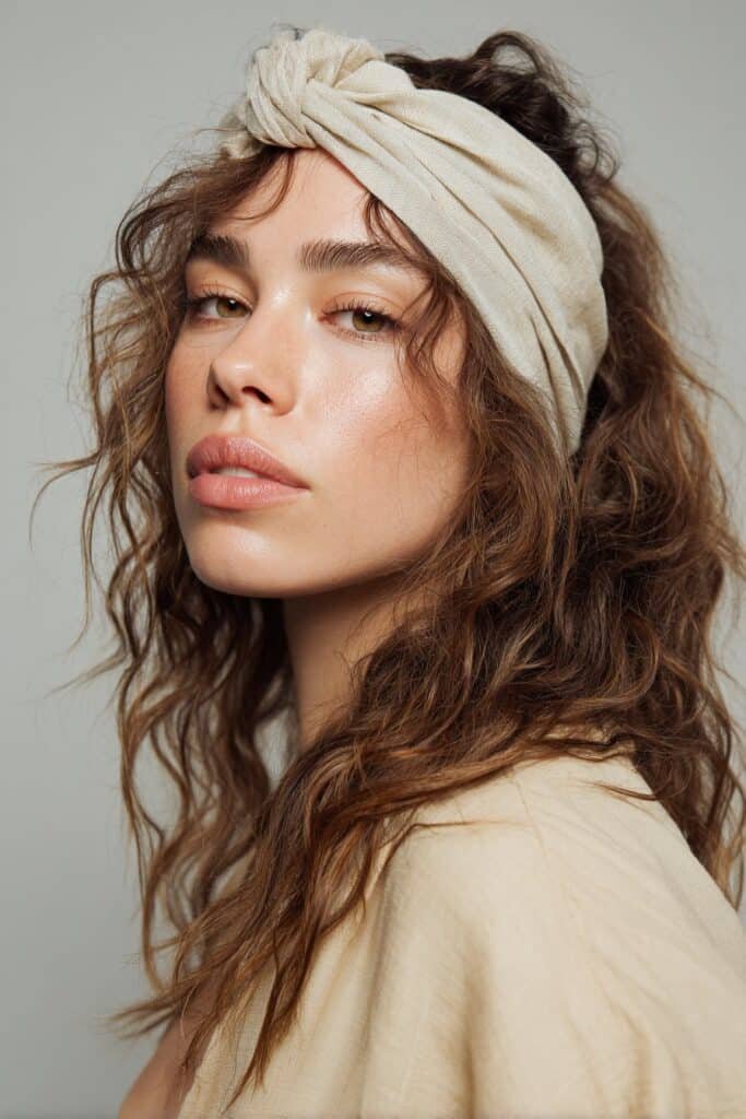 Relaxed beachy waves perfectly complemented by a wide neutral-toned headband – Headband Hairstyles series.