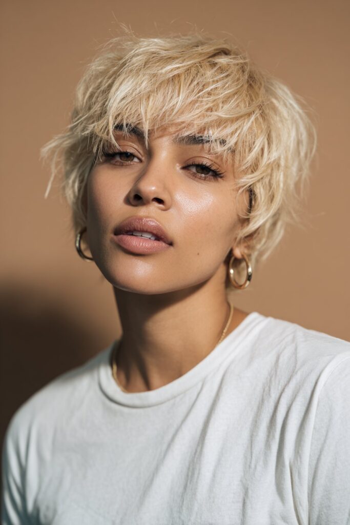 A blonde shaggy pixie haircut featuring dark natural roots and tousled, short choppy layers. The contrast between the blonde tone and dark base adds depth and a modern, effortless vibe.