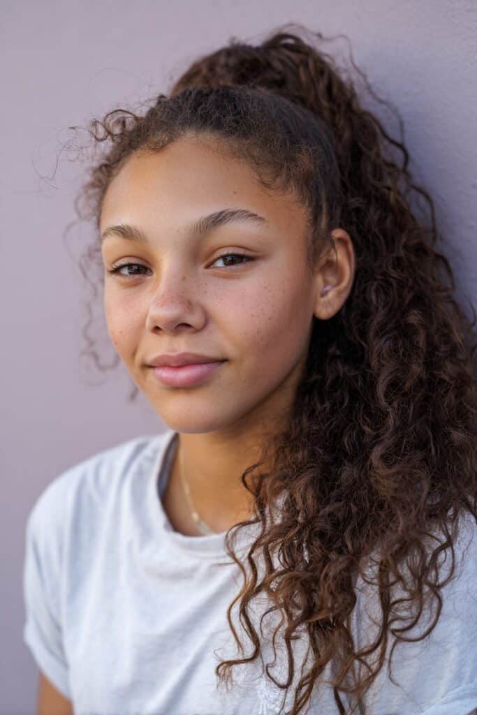 American woman with 4C hair styled in a voluminous blowout ponytail, wearing a bright school sweater, walking across the school courtyard with confidence.