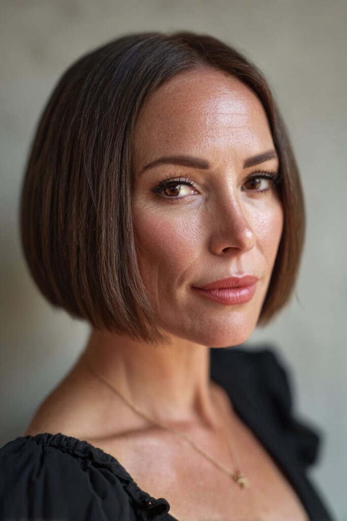 A close-up photo of an elegant American woman over 40 with a blunt bob in ash brown hairstyle, featuring realistic hair texture under soft natural lighting, subtle makeup, warm skin tone, confident expression, fully clothed in a chic outfit, in an Instagram-style beauty shot.
