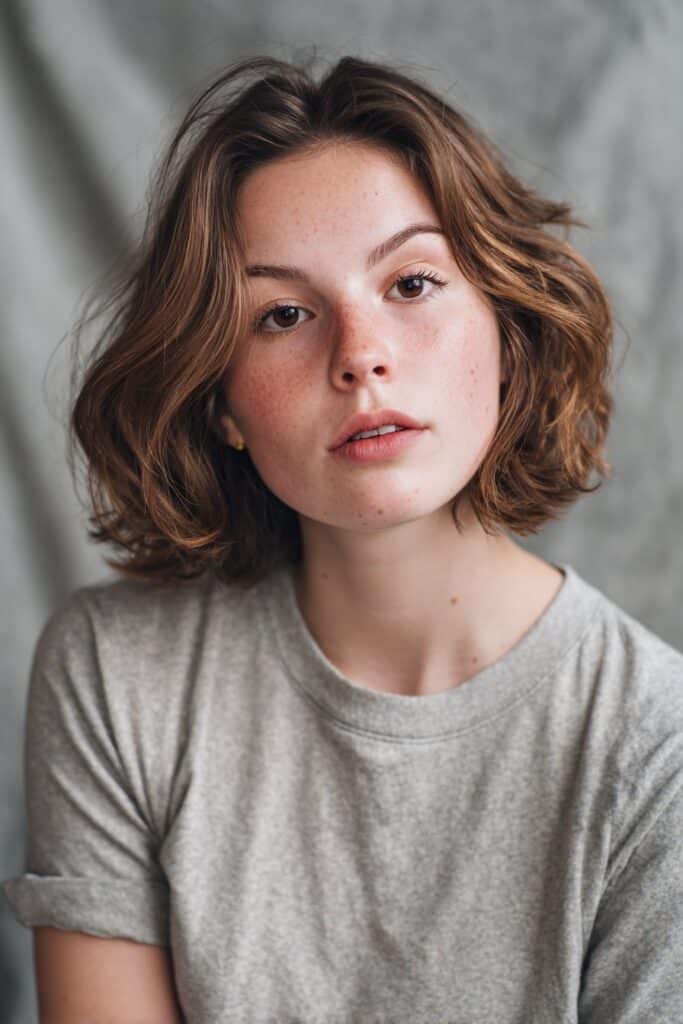 A blunt short bob choppy haircut with straight-across ends softened by textured, piecey detailing. The combination of blunt structure and choppy finish gives the look a chic, minimalistic, and modern aesthetic.