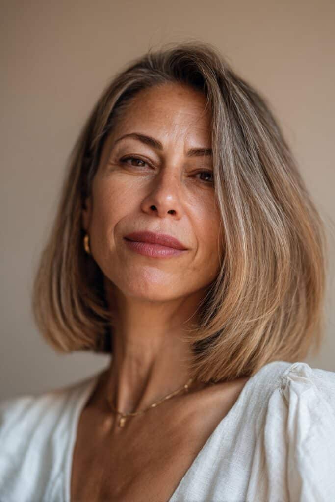 A vibrant elegant woman over 40 with a mature appearance, showcasing a Medium Length Hairstyle For Over 40 with a blunt lob with balayage, featuring blunt-cut lob with subtle honey balayage, captured in a close-up shot focusing on the hair, photographed against a seamless warm sand backdrop with a satin texture. She has subtle makeup with visible aging grace, a chic outfit, realistic hair texture with natural highlights, warm skin tone, and a confident smile, captured with soft natural lighting and an Instagram-style beauty vibe.