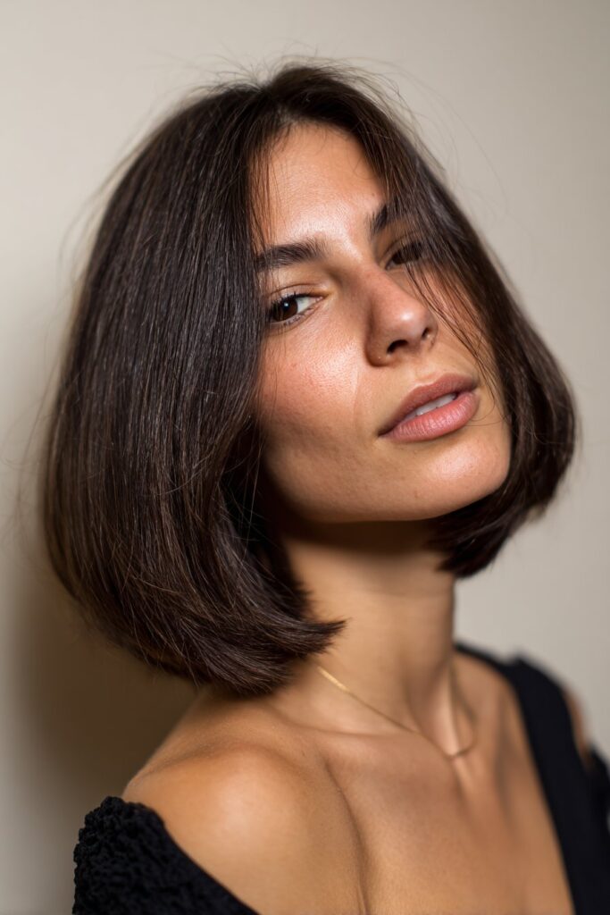 A close-up photo of a young elegant American woman with a blunt shoulder-length cut with balayage hairstyle, featuring realistic hair texture under soft natural lighting, subtle makeup, warm skin tone, confident expression, fully clothed in a chic outfit, in an Instagram-style beauty shot.