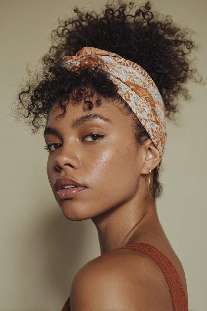A close-up photo of a young elegant Black American woman with loose wavy curls accented by a floral boho headband, featuring realistic wavy texture under soft natural lighting, subtle makeup, warm skin tone, confident expression, fully clothed in a chic outfit, in an Instagram-style beauty shot – headband hairstyles black women series.