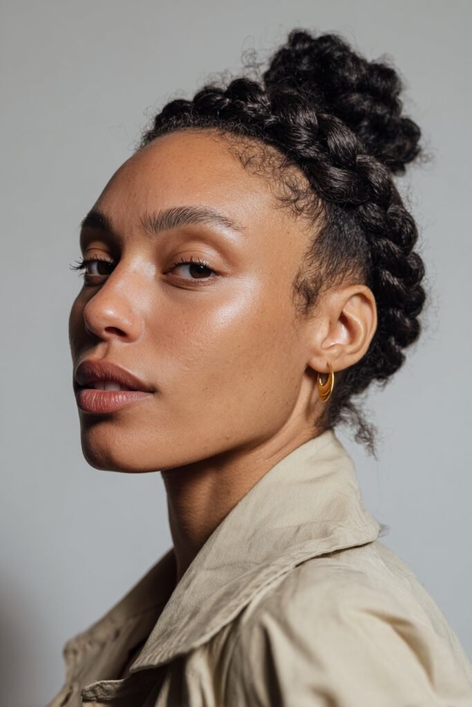 A close-up photo of a young elegant Black American woman with an intricate braided crown headband, featuring realistic braid texture under soft natural lighting, subtle makeup, warm skin tone, confident expression, fully clothed in a chic outfit, in an Instagram-style beauty shot – headband hairstyles black women series.