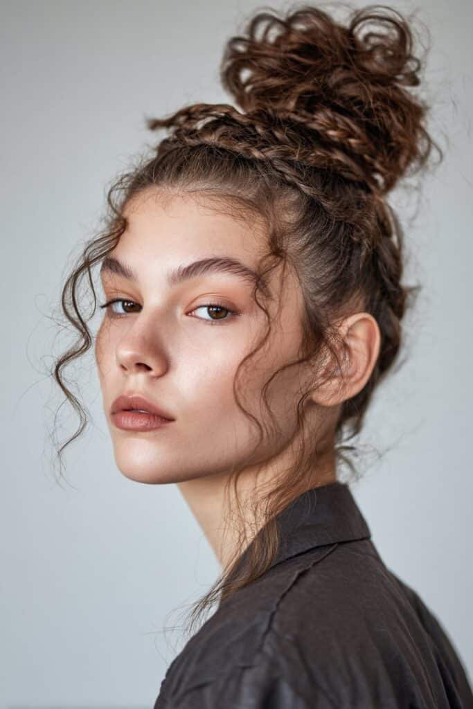 A close-up photo of a young elegant American woman with a chunky braided headband and effortless messy bun – headband hairstyles with braids series.