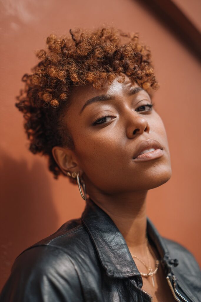 A stunning young woman in her 20s with natural skin tone, showcasing a Brown Hair With Caramel Highlights hairstyle featuring brunette afro caramel money pieces, featuring brunette afro with caramel money pieces around the face, captured in a close-up shot focusing on the hair, photographed against a seamless warm terracotta backdrop with a glossy sheen. She has subtle makeup, a chic outfit, realistic hair texture, warm skin tone, and a confident expression, captured with soft natural lighting and an Instagram-style beauty vibe.
