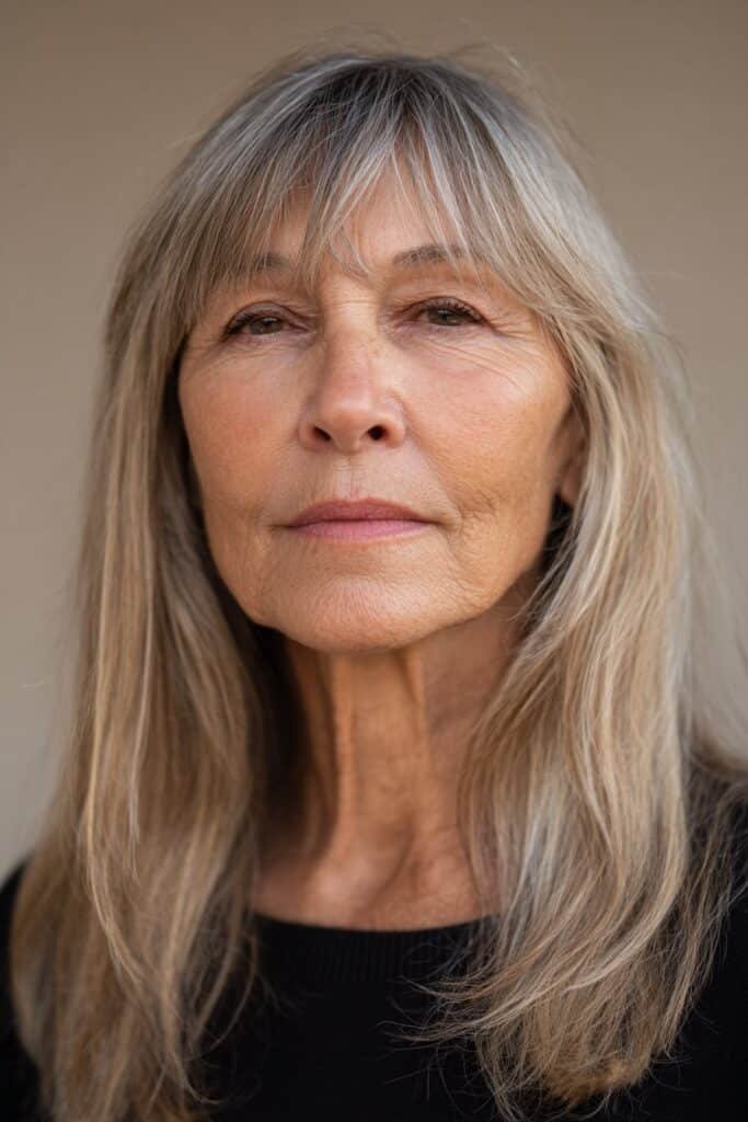 A mature woman with a brunette long shag and soft curtain fringe, adding face-framing texture, photographed on a smooth neutral backdrop.