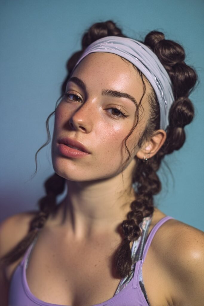Fun high bubble braids secured with a stretchy athletic headband – Headband Hairstyles series.