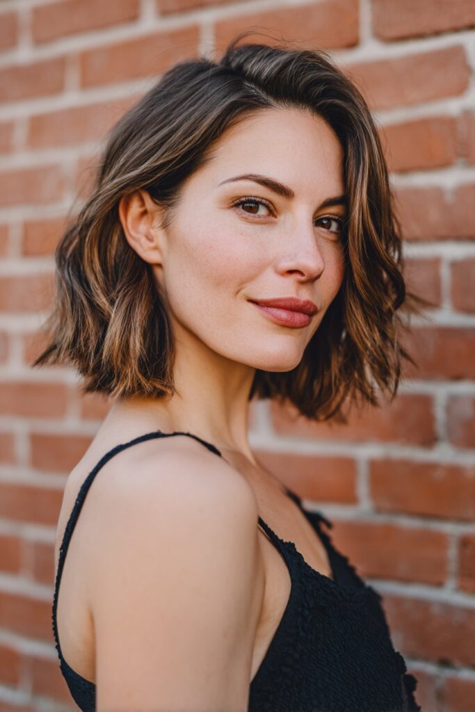 A confident American woman in her 20s with a butterfly haircut, featuring voluminous cascading layers shaped like butterfly wings, captured against a glossy light teal backdrop with soft natural lighting.