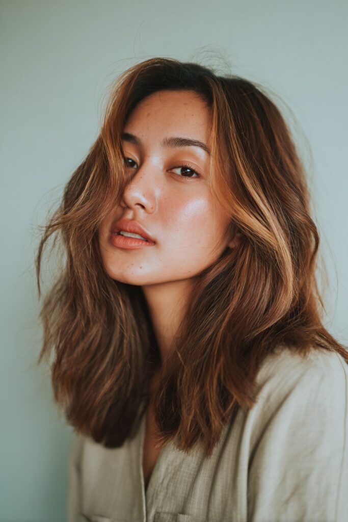 A stunning young woman in her 20s with natural skin tone, showcasing a Brown Hair With Caramel Highlights hairstyle featuring caramel balayage with money pieces, featuring long brown hair with caramel balayage and bright money pieces around the face, captured in a close-up shot focusing on the hair, photographed against a seamless light mint backdrop with a smooth surface. She has subtle makeup, a chic outfit, realistic hair texture, warm skin tone, and a confident expression, captured with soft natural lighting and an Instagram-style beauty vibe.