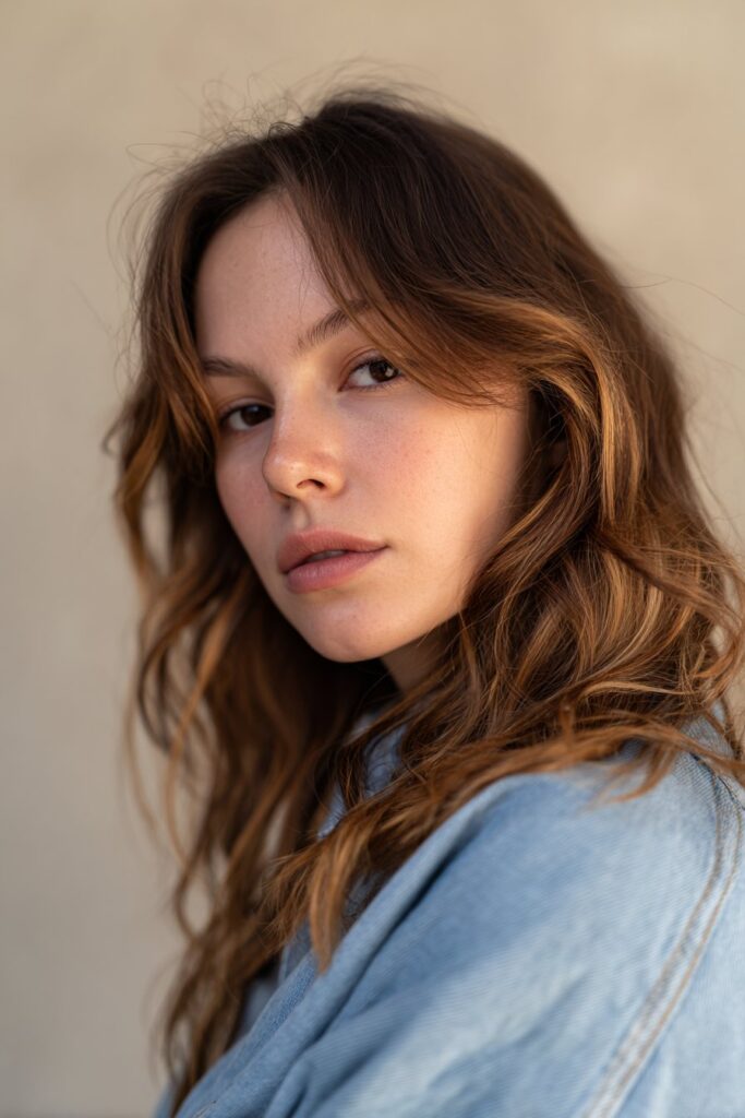 A stunning young woman in her 20s with natural skin tone, showcasing a Brown Hair With Caramel Highlights hairstyle featuring caramel brushlights, featuring brown hair with caramel brushlight highlights for a painted effect, captured in a close-up shot focusing on the hair, photographed against a seamless light sage backdrop with a smooth surface. She has subtle makeup, a chic outfit, realistic hair texture, warm skin tone, and a confident expression, captured with soft natural lighting and an Instagram-style beauty vibe.