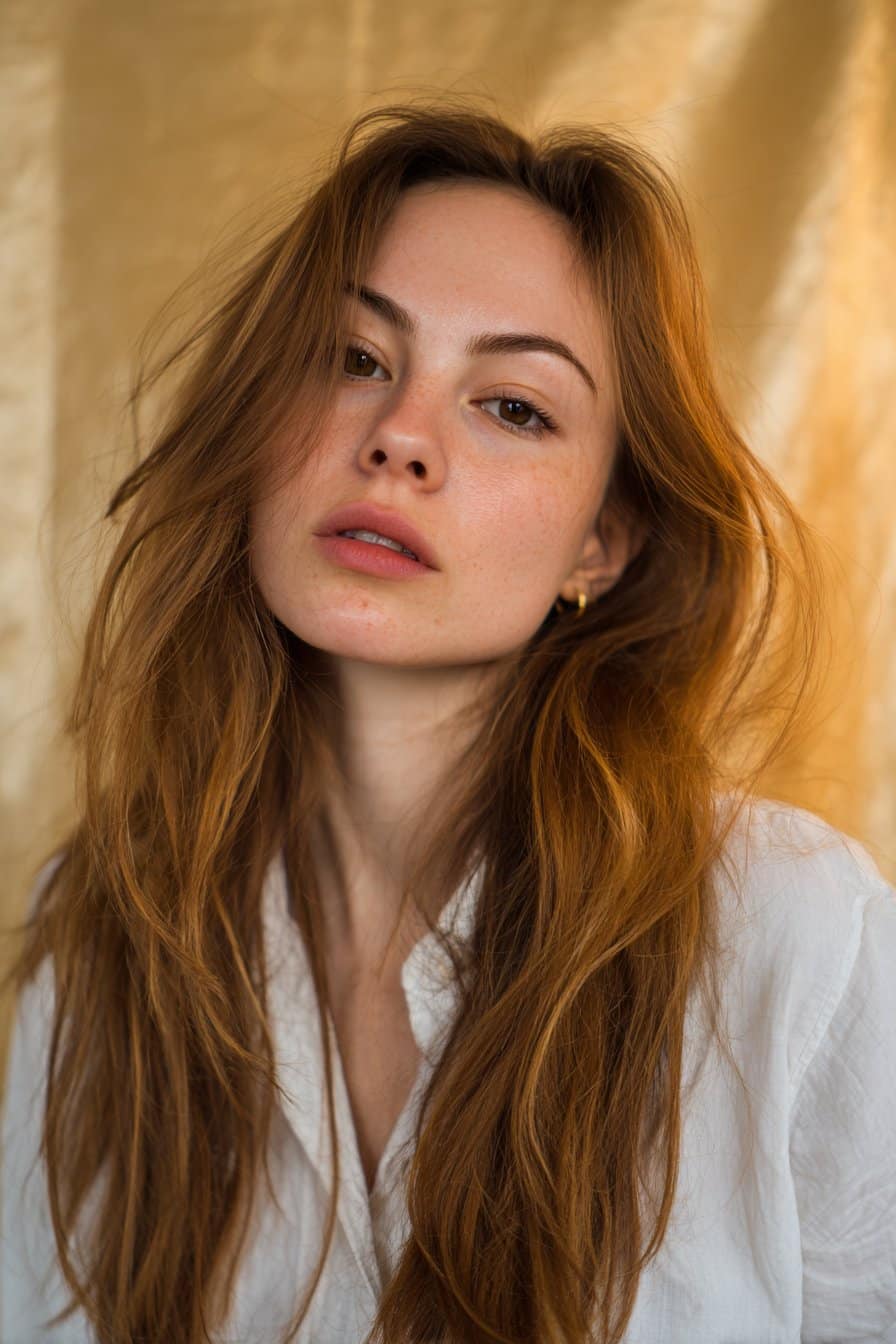 A stunning young woman in her 20s with natural skin tone, showcasing a Brown Hair With Caramel Highlights hairstyle featuring caramel-copper balayage, featuring brown hair with caramel-copper balayage highlights, captured in a close-up shot focusing on the hair, photographed against a seamless light gold backdrop with a silky texture. She has subtle makeup, a chic outfit, realistic hair texture, warm skin tone, and a confident expression, captured with soft natural lighting and an Instagram-style beauty vibe.