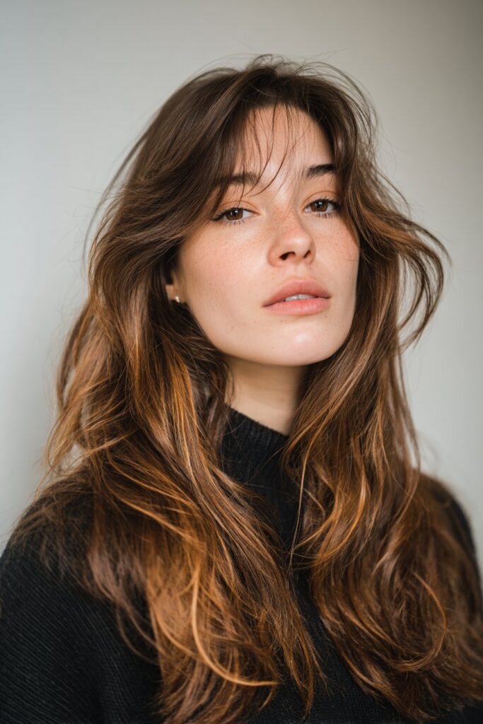 A stunning young woman in her 20s with natural skin tone, showcasing a Brown Hair With Caramel Highlights hairstyle featuring caramel face-framing highlights, featuring long brown hair with caramel highlights framing the face, captured in a close-up shot focusing on the hair, photographed against a seamless soft ivory backdrop with a matte finish. She has subtle makeup, a chic outfit, realistic hair texture, warm skin tone, and a confident expression, captured with soft natural lighting and an Instagram-style beauty vibe.