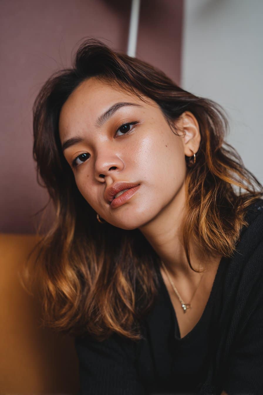 A stunning young woman in her 20s with natural skin tone, showcasing a Brown Hair With Caramel Highlights hairstyle featuring caramel ombre highlights, featuring brown hair with caramel ombre highlights fading from dark to light, captured in a close-up shot focusing on the hair, photographed against a seamless soft plum backdrop with a glossy sheen. She has subtle makeup, a chic outfit, realistic hair texture, warm skin tone, and a confident expression, captured with soft natural lighting and an Instagram-style beauty vibe.