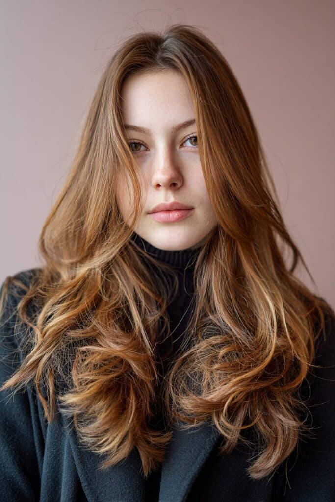 A stunning young woman in her 20s with natural skin tone, showcasing a Winter Hairstyle For Medium Length Hair featuring caramel swirl layers, with medium-length hair with caramel swirl highlights and soft layers, captured in a close-up shot focusing on the hair, photographed against a seamless soft mauve backdrop with a glossy sheen. She has subtle makeup, a chic winter outfit, realistic hair texture, warm skin tone, and a confident expression, captured with soft natural lighting and an Instagram-style beauty vibe.
