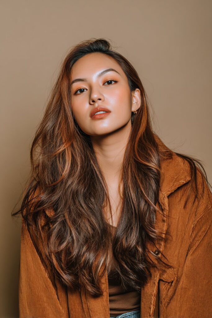 A stunning young woman in her 20s with natural skin tone, showcasing a Brown Hair With Caramel Highlights hairstyle featuring caramel and chocolate blend, featuring medium brown hair with caramel and chocolate blended highlights, captured in a close-up shot focusing on the hair, photographed against a seamless warm taupe backdrop with a silky texture. She has subtle makeup, a chic outfit, realistic hair texture, warm skin tone, and a confident expression, captured with soft natural lighting and an Instagram-style beauty vibe.