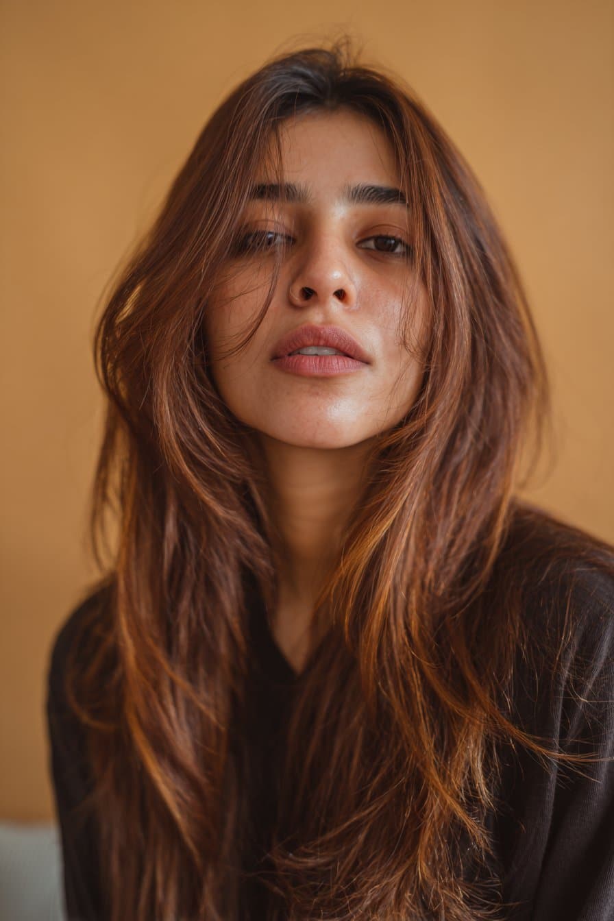 A stunning young woman in her 20s with natural skin tone, showcasing a Brown Hair With Caramel Highlights hairstyle featuring caramelized reddish brown hair, featuring reddish brown hair with caramelized highlights, captured in a close-up shot focusing on the hair, photographed against a seamless warm amber backdrop with a satin finish. She has subtle makeup, a chic outfit, realistic hair texture, warm skin tone, and a confident expression, captured with soft natural lighting and an Instagram-style beauty vibe.