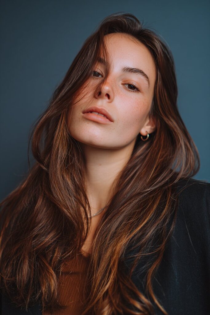 A stunning young woman in her 20s with natural skin tone, showcasing a Brown Hair With Caramel Highlights hairstyle featuring caramelized walnut brown, featuring long brown hair with caramelized walnut tones and subtle caramel highlights, captured in a close-up shot focusing on the hair, photographed against a seamless deep slate backdrop with a satin finish. She has subtle makeup, a chic outfit, realistic hair texture, warm skin tone, and a confident expression, captured with soft natural lighting and an Instagram-style beauty vibe.