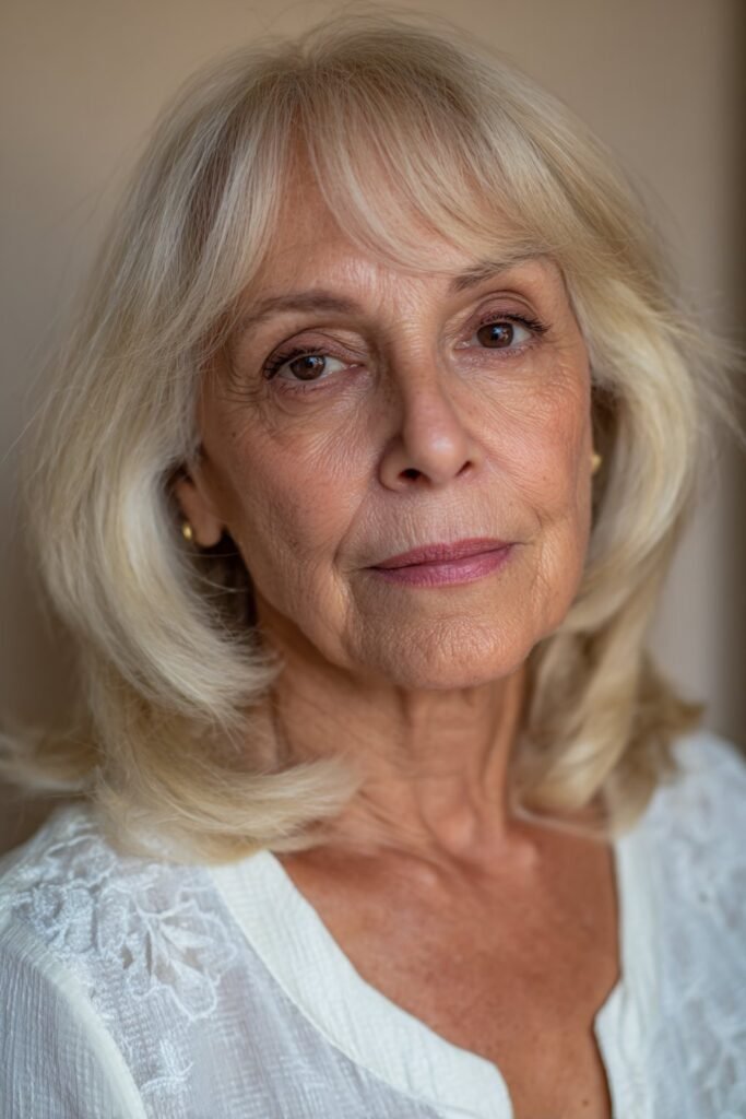 A woman over 60 wearing a champagne-blonde modern long shag with soft layered texture, against a seamless light-toned background.