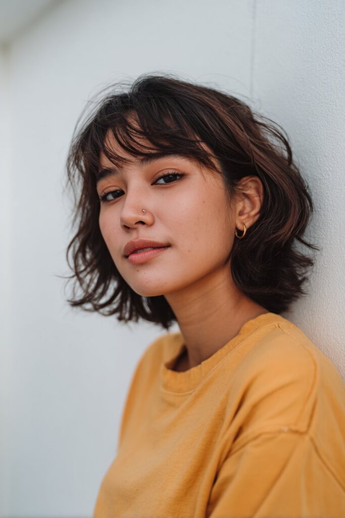A chin-length short bob choppy haircut with soft layers and tousled ends that lightly hug the jawline. The choppy details make the style youthful and breezy with natural texture.