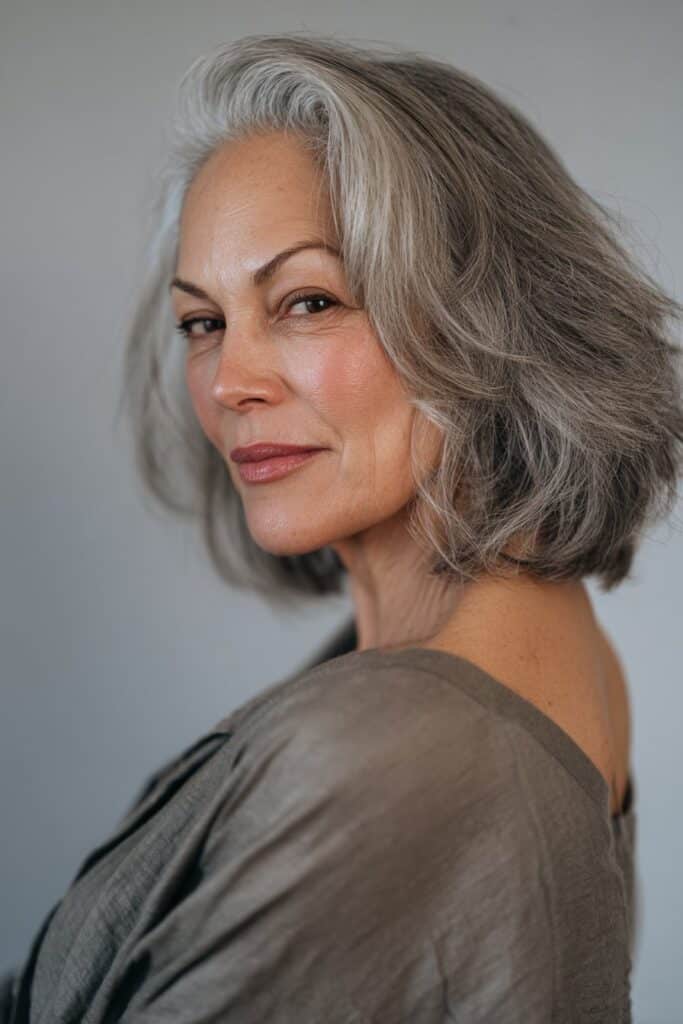 A woman over 60 wearing a chin-length shag with short, uneven, choppy layers framing her face; realistic soft lighting emphasizes the shaggy movement.