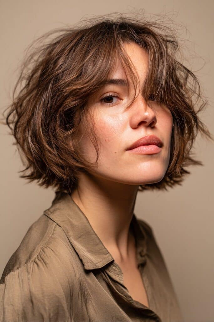 A short choppy bob styled with wispy curtain bangs that part naturally down the center. The layered ends create a tousled, modern shaggy effect, giving the haircut extra dimension and effortless volume.