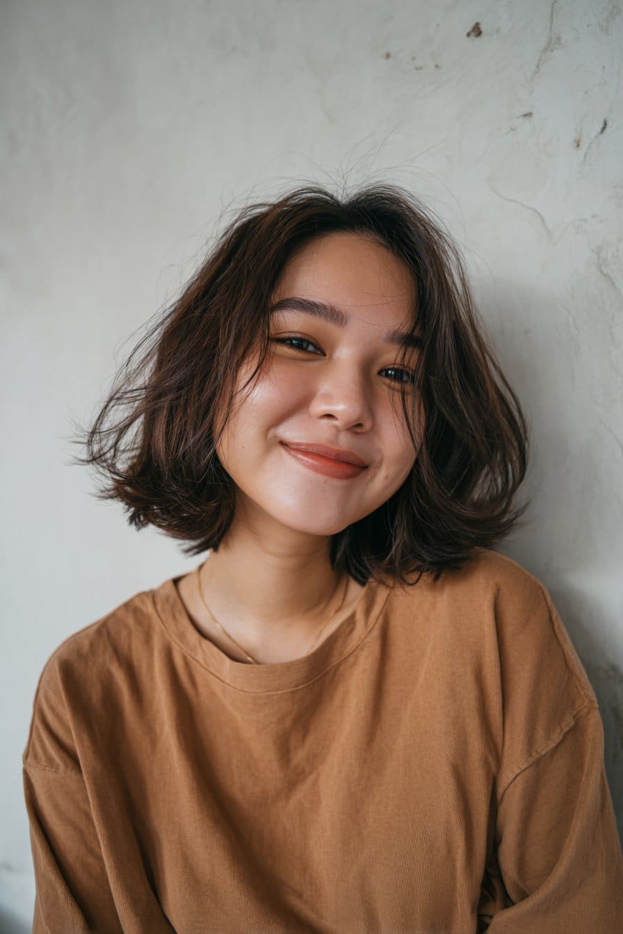 Young woman with a choppy bob and face-framing curtain bangs, soft waves, warm skin tone, textured plaster backdrop.