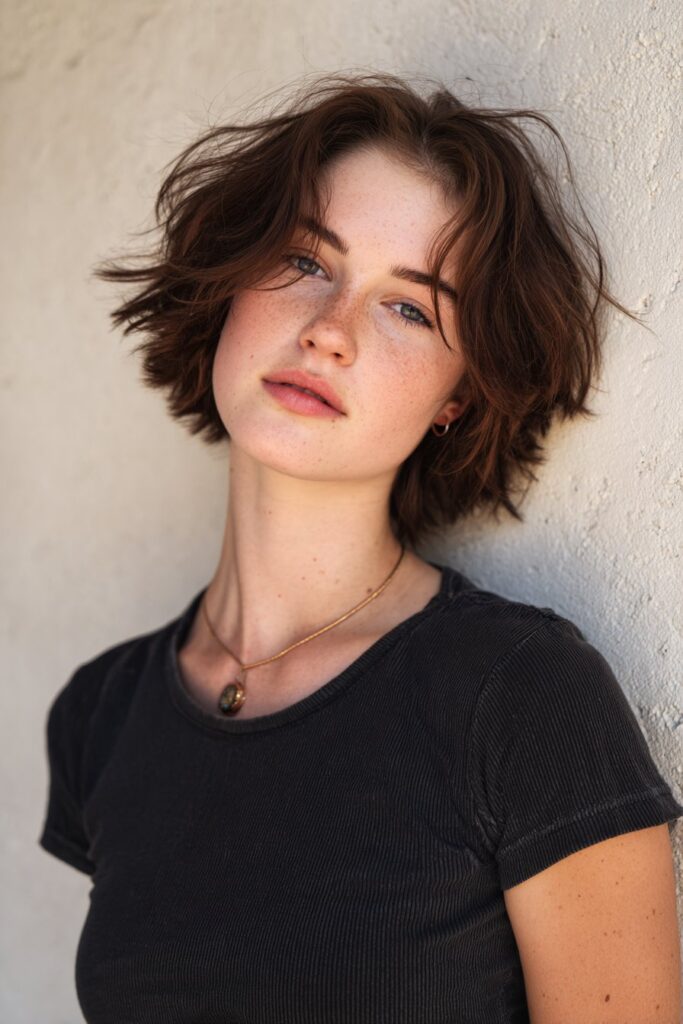 Young woman with a choppy bob featuring soft face-framing layers, natural makeup, warm lighting, textured plaster background.