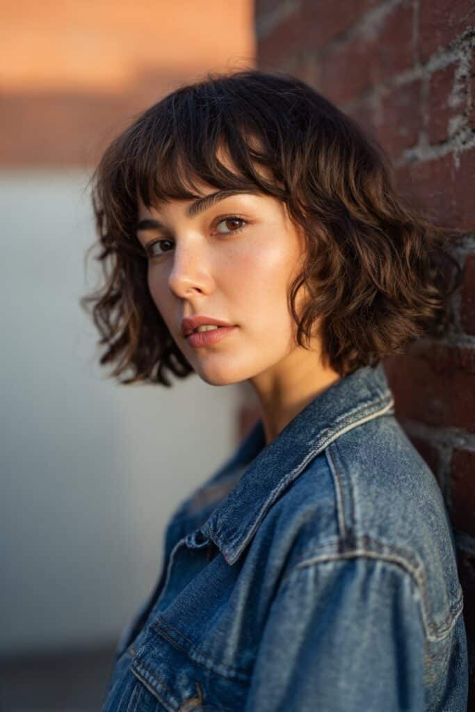 Young woman with a sharp choppy inverted bob, stacked back and longer front pieces, natural lighting, friendly expression, urban brick wall background.