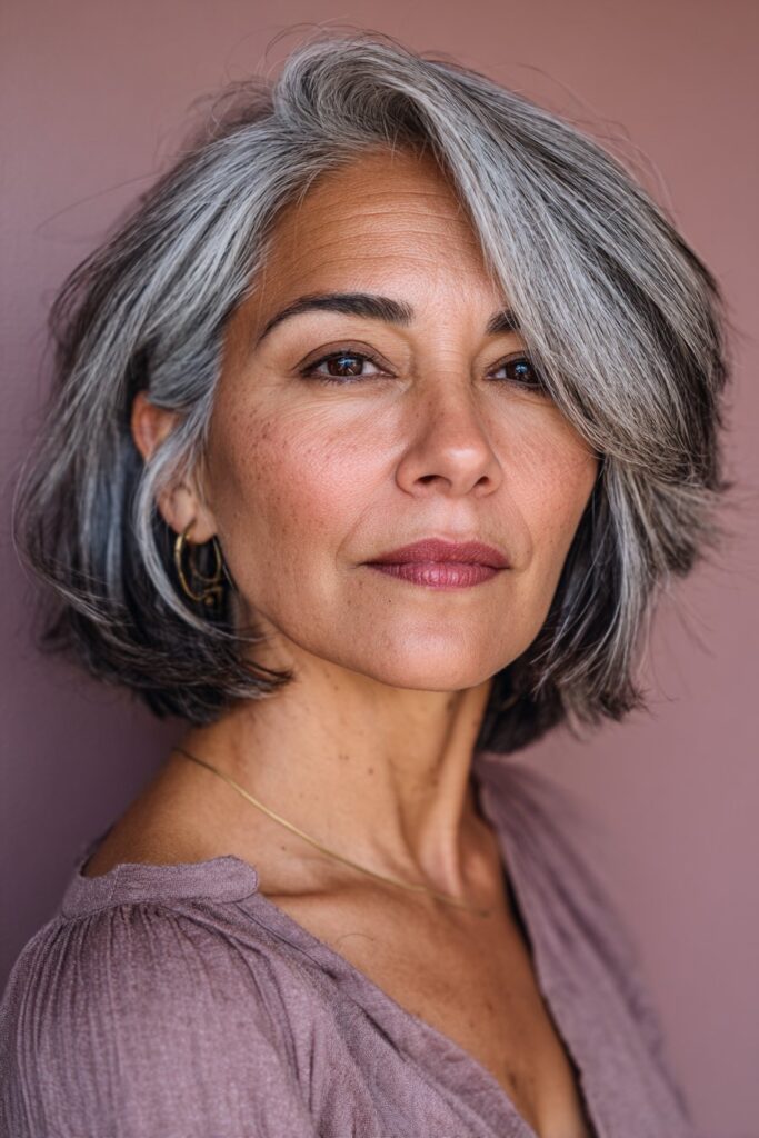 A vibrant American female model over 60 with a mature appearance, showcasing a Medium Length Layered Haircut For Women Over 60 with a choppy layered bob, featuring medium-length choppy layered bob for texture, captured in a close-up shot focusing on the hair, photographed against a seamless soft mauve backdrop with a glossy sheen. She has subtle makeup with visible aging signs, an elegant outfit, realistic hair texture with silver strands, warm skin tone, and a friendly expression, captured with soft natural lighting and an Instagram-style beauty vibe.