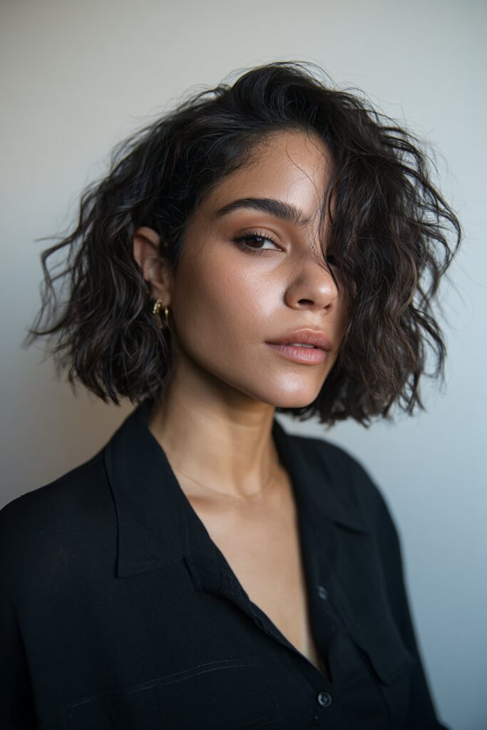 A close-up photo of a young elegant American woman with a choppy lob with babylights hairstyle, featuring realistic hair texture under soft natural lighting, subtle makeup, warm skin tone, confident expression, fully clothed in a chic outfit, in an Instagram-style beauty shot.