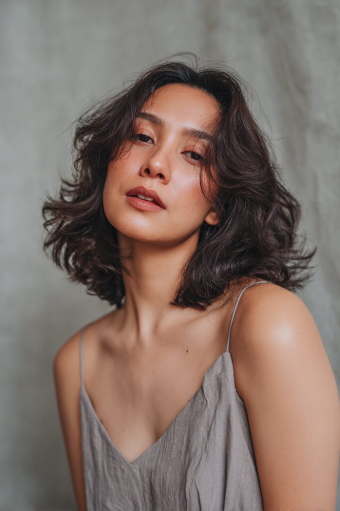 A trendy American woman in her 20s with choppy medium-length layers, creating texture and volume, wearing a stylish top under soft light with a light rose smooth backdrop.