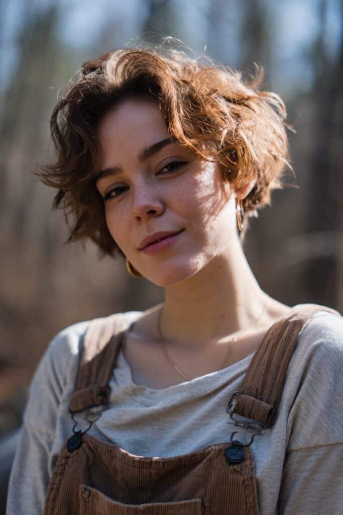 Young American model with a modern choppy mullet-inspired cut, short sides and longer textured back, natural forest backdrop.