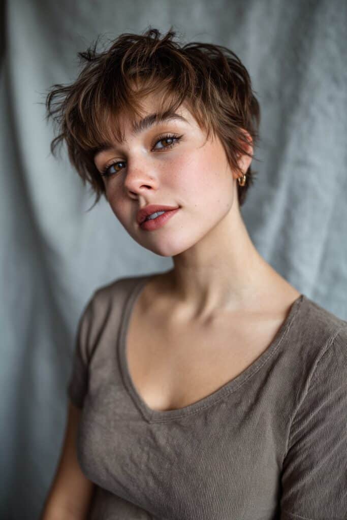 Young American model with a choppy pixie and long side-swept bangs, soft makeup, confident smile, soft gray fabric backdrop.