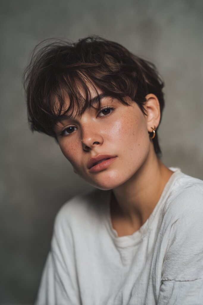 Young model with a daring choppy undercut pixie, shaved sides and textured top, confident look, soft gray fabric backdrop.
