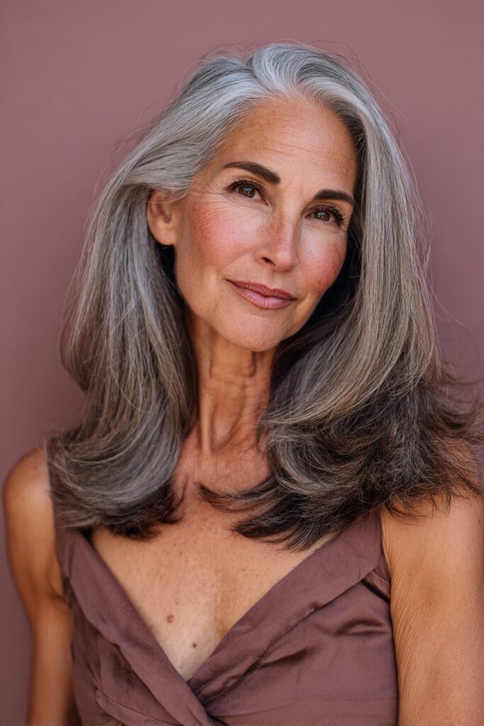 A vibrant American female model over 60 with a mature appearance, showcasing a Medium Length Layered Haircut For Women Over 60 with classic blowout layers, featuring medium-length classic layers with a voluminous blowout, captured in a close-up shot focusing on the hair, photographed against a seamless warm plum backdrop with a satin finish. She has subtle makeup with visible aging signs, an elegant outfit, realistic hair texture with silver strands, warm skin tone, and a friendly expression, captured with soft natural lighting and an Instagram-style beauty vibe.
