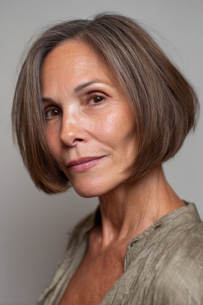 A chic American woman over 60 with a sleek chin-length bob, clean edges and subtle shine, wearing a soft blouse, set against a light sage glossy background.