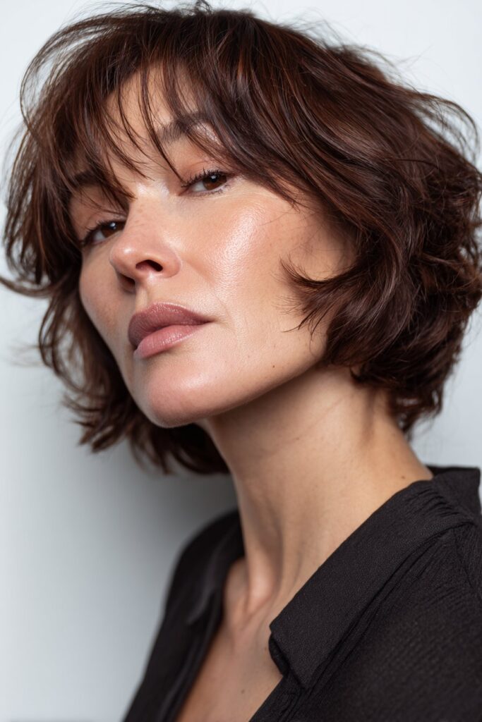 A close-up photo of an elegant American woman over 40 with a classic chin-length bob hairstyle, featuring realistic hair texture under soft natural lighting, subtle makeup, warm skin tone, confident expression, fully clothed in a chic outfit, in an Instagram-style beauty shot.