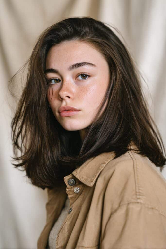 A stunning young woman in her 20s with natural skin tone, showcasing a Winter Hairstyle For Medium Length Hair featuring a classic French bob, with medium-length classic French bob with blunt ends and soft texture, captured in a close-up shot focusing on the hair, photographed against a seamless soft ivory backdrop with a satin finish. She has subtle makeup, a chic winter outfit, realistic hair texture, warm skin tone, and a confident expression, captured with soft natural lighting and an Instagram-style beauty vibe.
