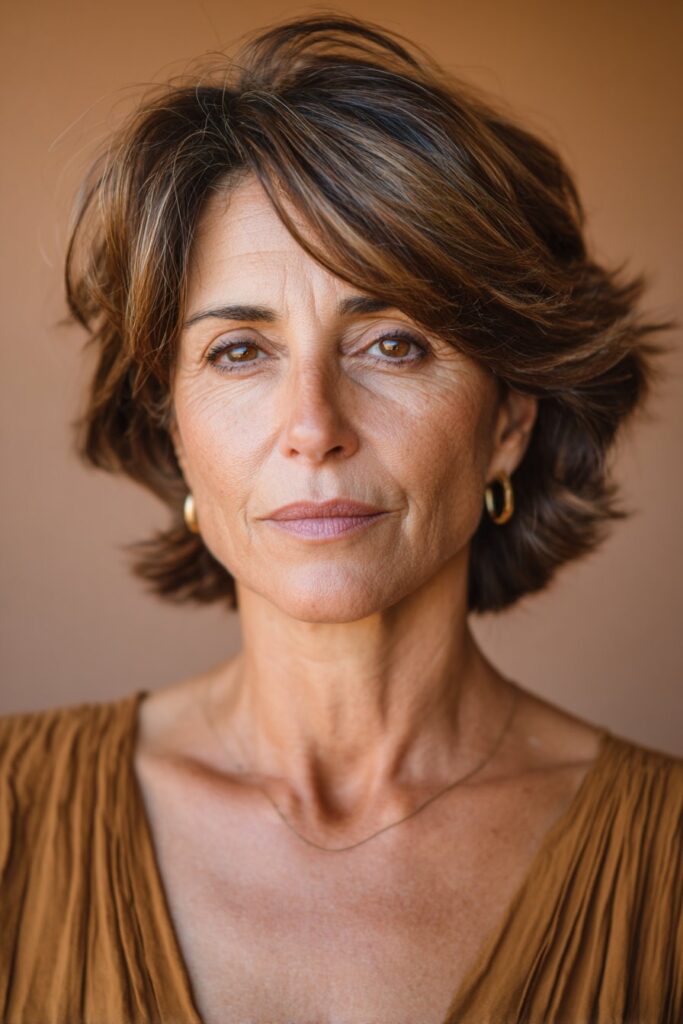 A vibrant elegant woman over 40 with a mature appearance, showcasing a Medium Length Hairstyle For Over 40 with a classic medium-length shag, featuring timeless shag with face-framing layers and texture, captured in a close-up shot focusing on the hair, photographed against a seamless warm camel backdrop with a silky finish. She has subtle makeup with visible aging grace, a chic outfit, realistic hair texture with natural highlights, warm skin tone, and a confident smile, captured with soft natural lighting and an Instagram-style beauty vibe.