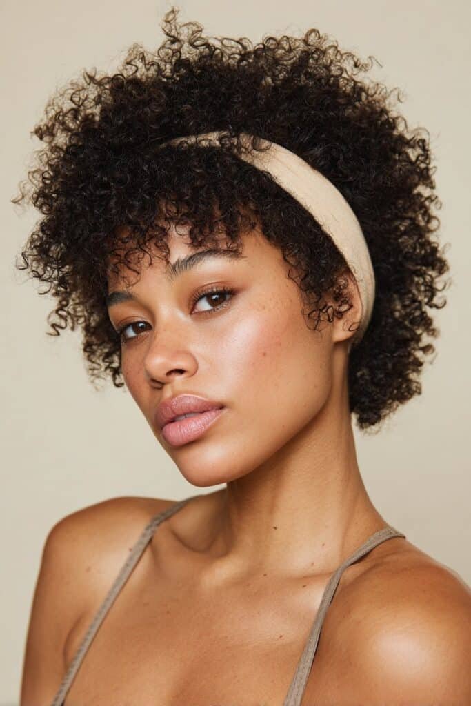 A close-up photo of a young elegant Black American woman with sleek natural hair pushed back by a wide headband in a classic push-back look, featuring realistic hair texture under soft natural lighting, subtle makeup, warm skin tone, confident expression, fully clothed in a chic outfit, in an Instagram-style beauty shot – headband hairstyles black women series.